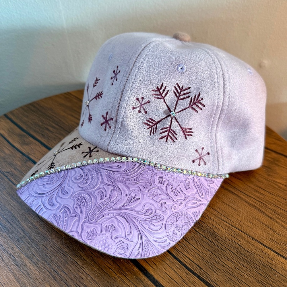 Snow Flake Hat, Winter Hat, Suede Baseball Cap, Paisley Cap, Burned Baseball Cap